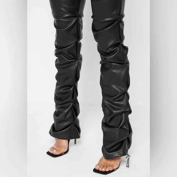 MANIERE DE VOIR - Tacked Vegan Leather Flared Trousers in Black - Picture 4 of 14